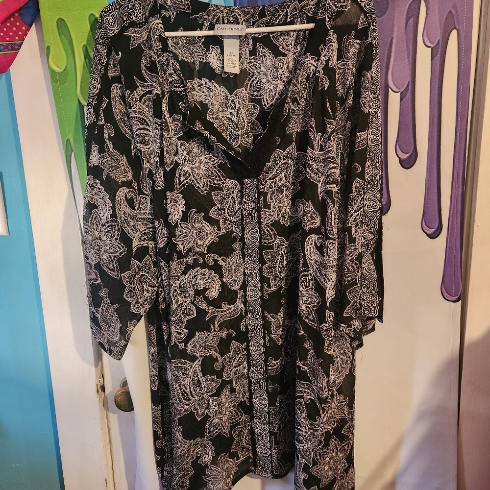 3X, Catherines, Black and White, Floral Long Blouse